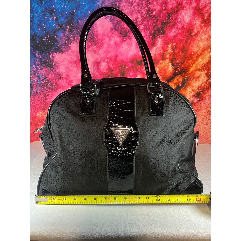 Y2K Guess Black Monogram Jacquard Satchel Bag Faux Croc Trim Silver Logo